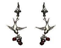 Victorian Earrings - Swallows with Garnet Berries Sterling Silver Plated.